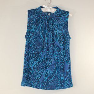 Banana Republic High Neck Pleated Front Top - Size Small, Blue Paisley Oval Back